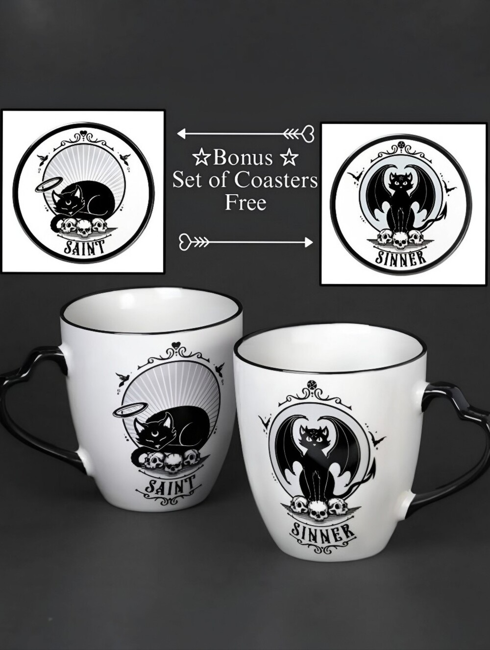Alchemy Gothic Saint & Sinner Mug Coaster Set Black White Feline Cat NWT OS
